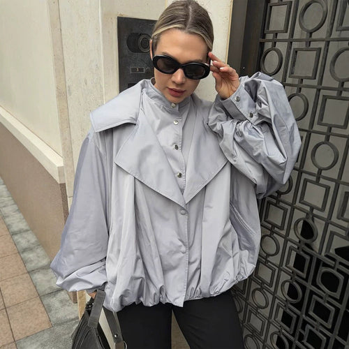 Damen Oversize Kurzjacke mit weitem Volumenärmeln und Tunnelzugsaum Nord Taschen