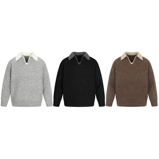 Damen Oversize Wollmix-Pullover mit kontrastpolokragen und V‑Ausschnitt Nord Taschen