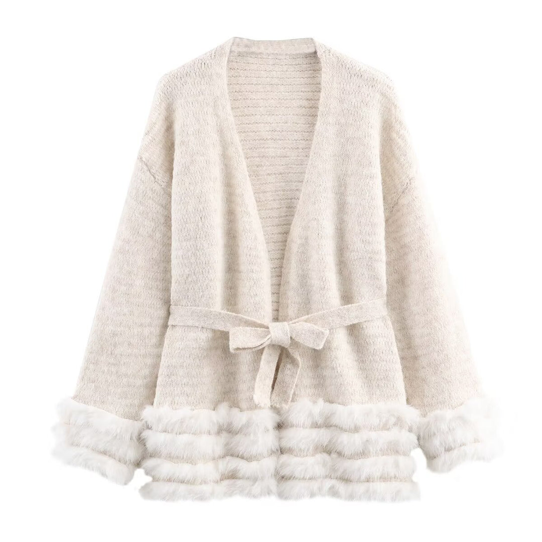 Damen Strick-Cardigan mit Bindegürtel und Faux-Fur-Besatz Nord Taschen