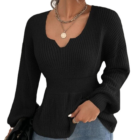 Damen Taillierter Feinstrickpullover mit eingekerbtem V-Ausschnitt, taillenbetonter Rippzone und Ballonärmeln Nord Taschen