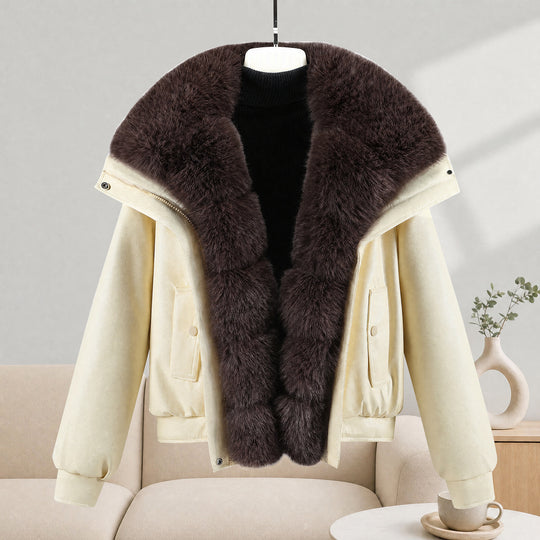 Damen nan kurze Lammfelloptik-Bomberjacke mit voluminösem Fellkragen und tailliertem Saum Nord Taschen