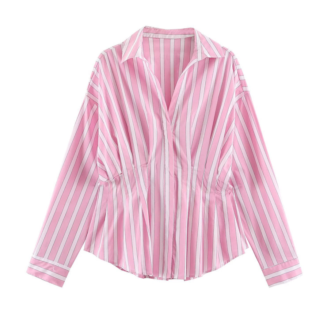 Damen Gestreifte Oversize-Bluse mit taillierenden Raffungen und Hemdkragen Nord Taschen