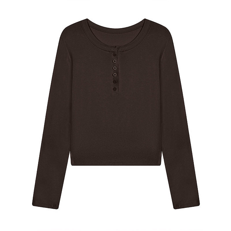 Damen Kurz geschnittenes Henley Langarmshirt aus Baumwolljersey mit Knopfleiste Nord Taschen