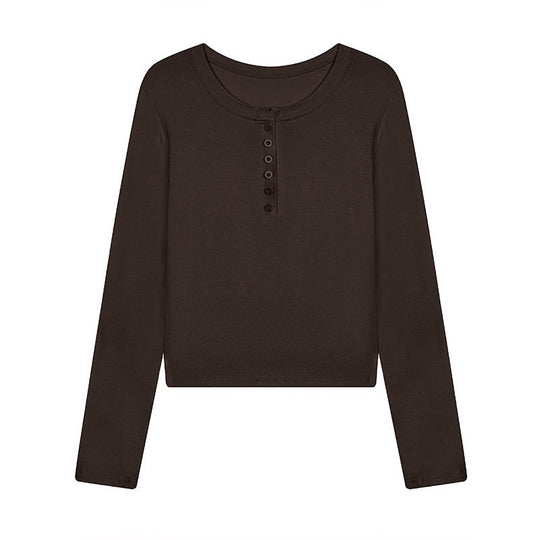 Damen Kurz geschnittenes Henley Langarmshirt aus Baumwolljersey mit Knopfleiste Nord Taschen