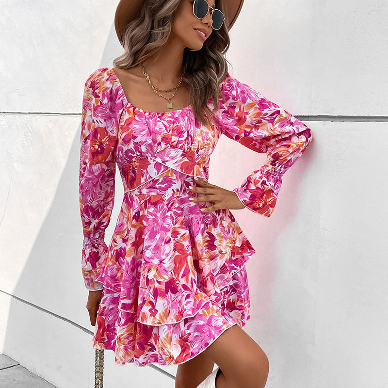 Damen Florales Rüschiges Skaterkleid mit Carmen-Ausschnitt, Taillennaht & Volantstufen Nord Taschen