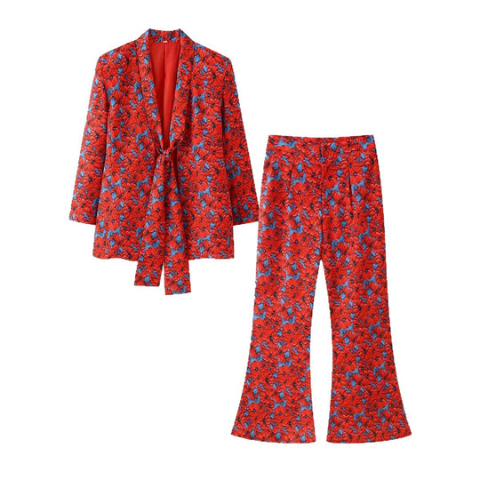 Damen Zweiteiliges Blumen-Jacquard-Blazer- und Schlaghose-Set Nord Taschen