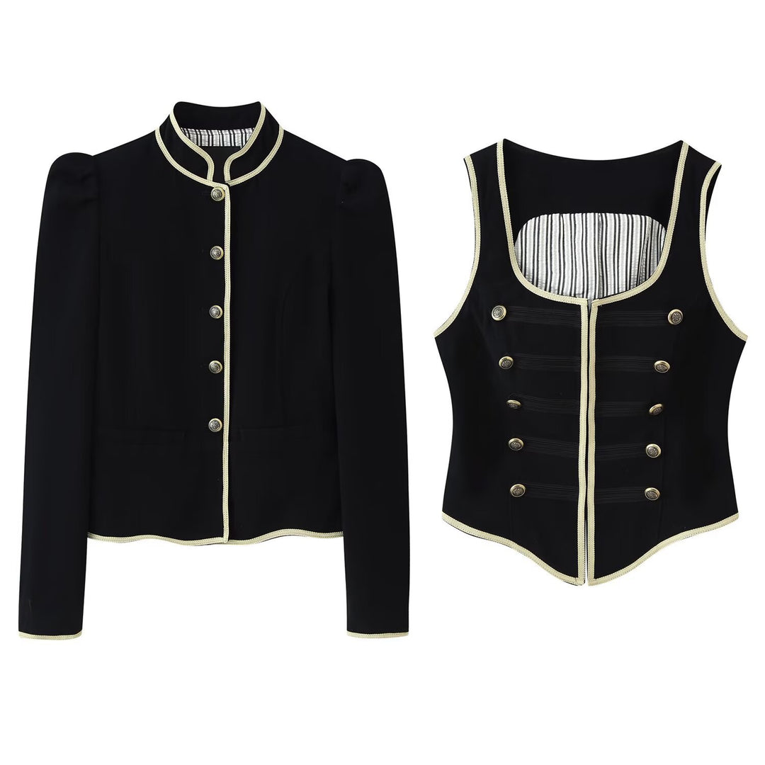 Damen Kurzer Blazer mit Stehkragen, goldener Kordel-Einfassung und Zierknöpfen Nord Taschen