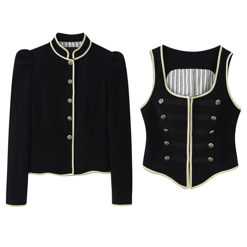Damen Kurzer Blazer mit Stehkragen, goldener Kordel-Einfassung und Zierknöpfen Nord Taschen