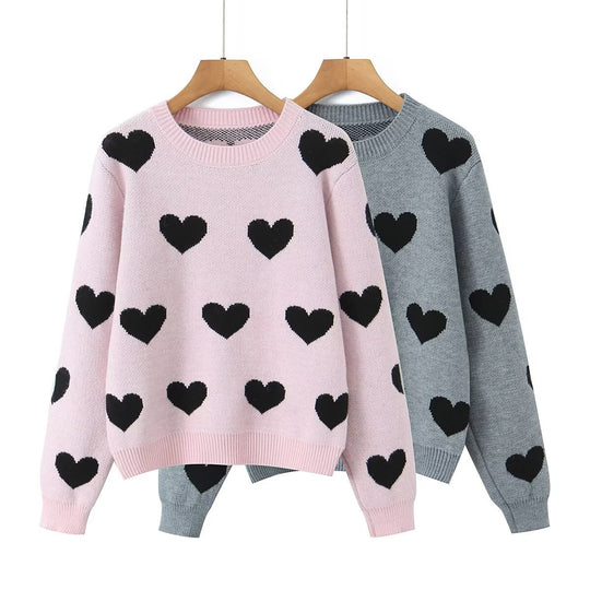 Damen Oversize-Strickpullover mit Herz‑Jacquard und Rundhalsausschnitt Nord Taschen