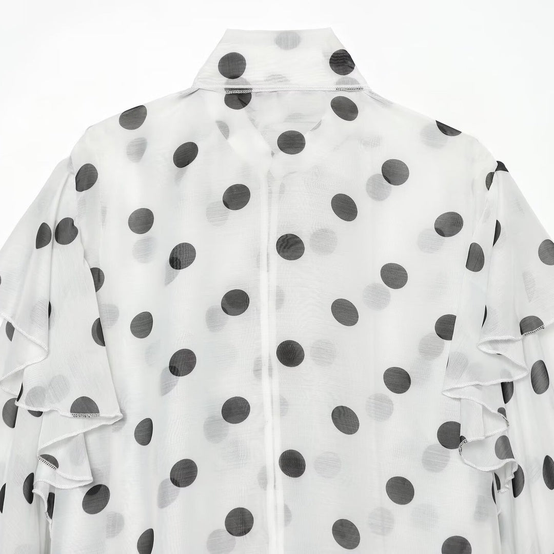 Damen Transparente Polka-Dot Chiffon-Bluse mit XXL-Volants und Schleifenkragen Nord Taschen