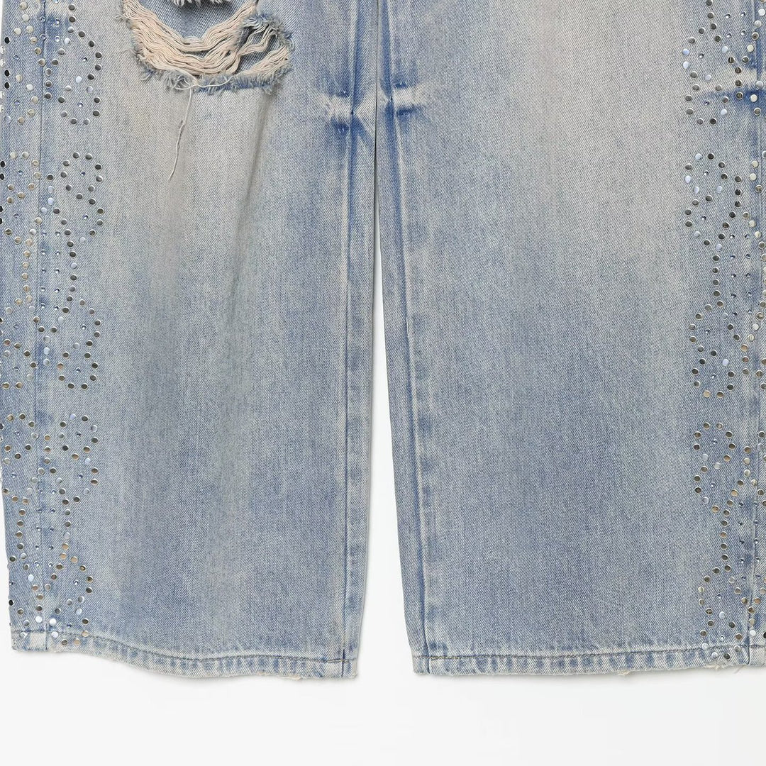 Damen Jeans mit hoher Taille, weitem Bein, Strassbesatz und Destroyed-Details Nord Taschen