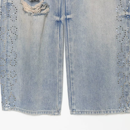Damen Jeans mit hoher Taille, weitem Bein, Strassbesatz und Destroyed-Details Nord Taschen