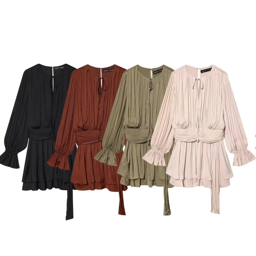 Damen Plissiertes Bindeblouson-Minikleid mit tailliertem Wickelgürtel und Glockenärmeln Nord Taschen
