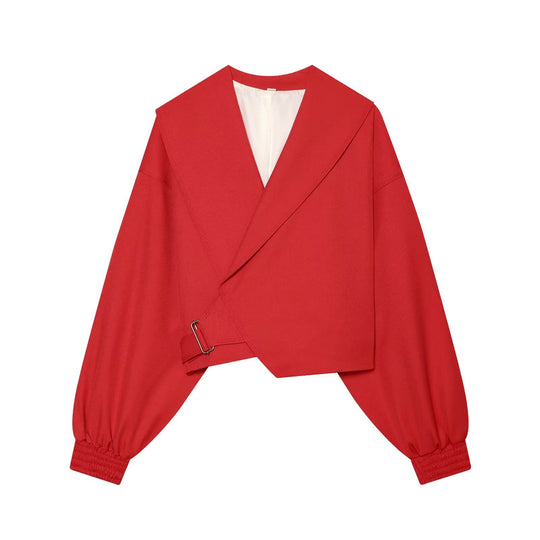 Damen Kurze Wickeljacke mit weitem Schalkragen, taillierendem Schnallenband und Ballonärmeln Nord Taschen