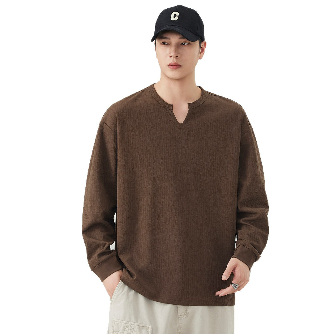 Herren Lockeres Langarmshirt mit V-Notch-Kragen und strukturierter Baumwollmischung Nord Taschen