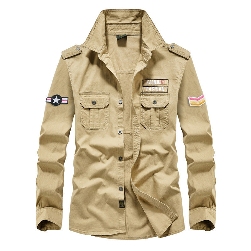 Herren  militärisches Langarm-Utility-Hemd mit aufgesetzten Brusttaschen, Schulterklappen und dekorativen Stickpatches Nord Taschen