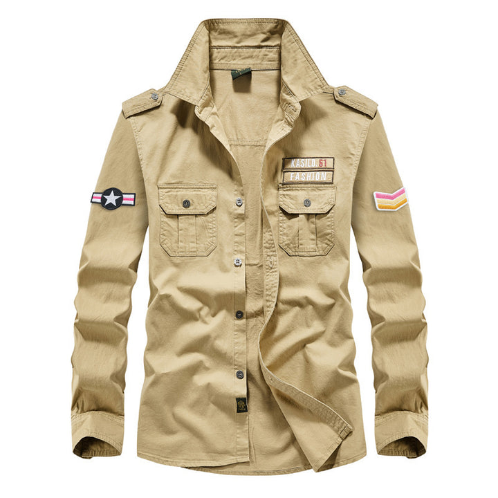 Herren  militärisches Langarm-Utility-Hemd mit aufgesetzten Brusttaschen, Schulterklappen und dekorativen Stickpatches Nord Taschen