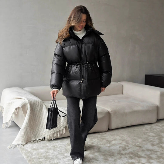 Damen gesteppte Steppjacke mit Taillenzug und Kapuze Nord Taschen