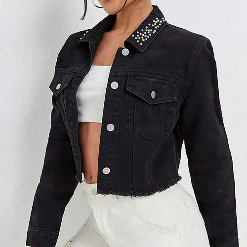 Damen Cropped Jeansjacke mit perlenbesetztem Kragen und rohem FransenSaum Nord Taschen