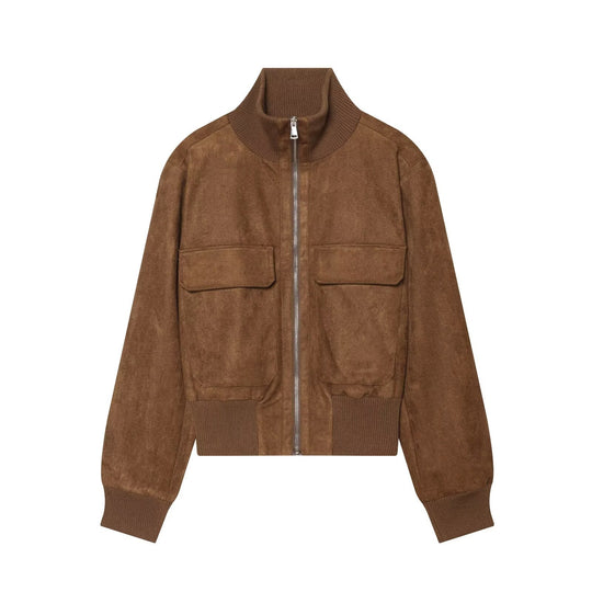 Damen Kurzblouson aus Veloursleder mit hohem Rippkragen und aufgesetzten Pattentaschen Nord Taschen