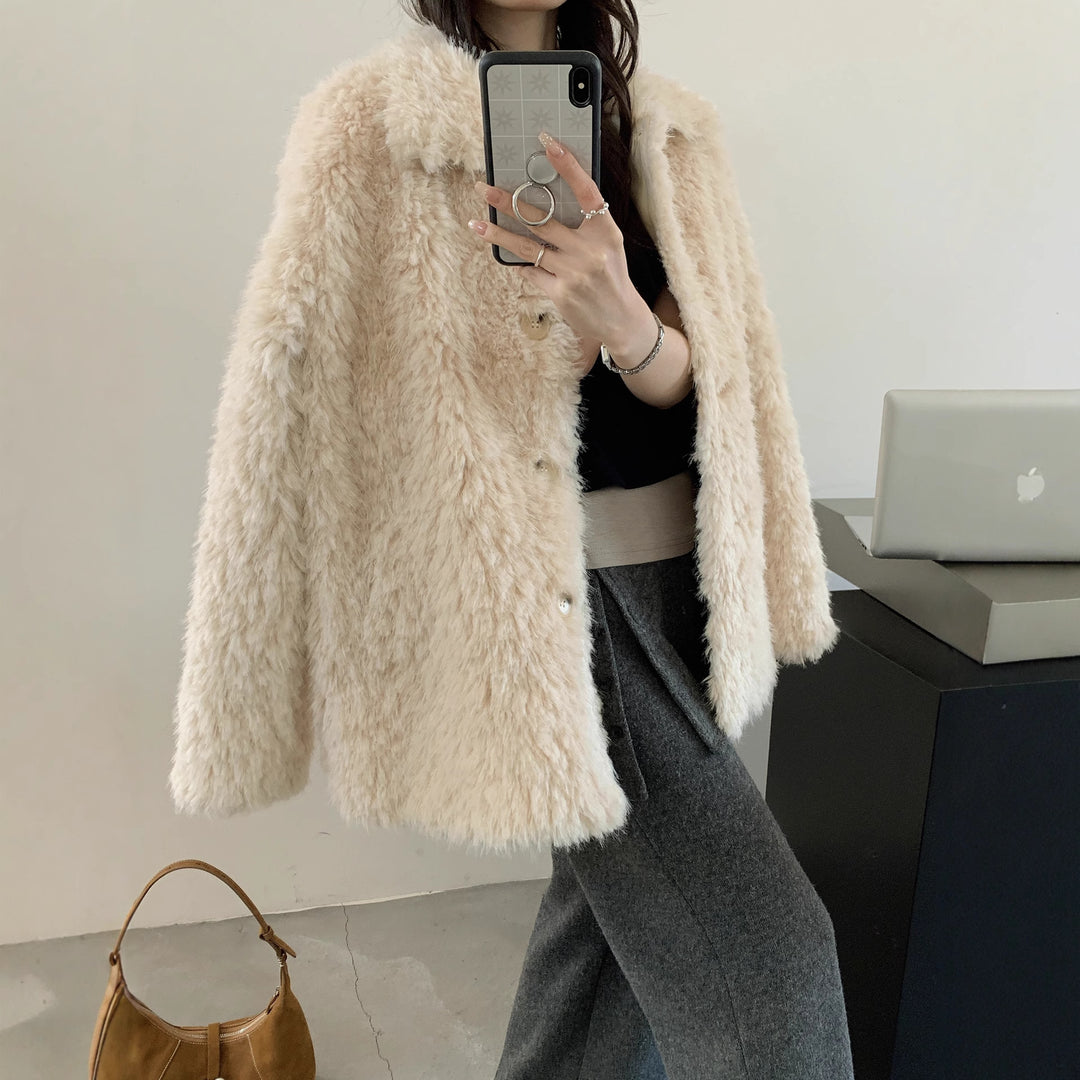 Damen Flauschiger Teddy-Mantel aus Kunstfell mit Hemdkragen und Boxy‑Silhouette Nord Taschen