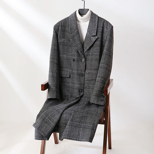 Herren Karierter Longcoat aus Wollmix mit klassischem Revers und geradem Schnitt Nord Taschen