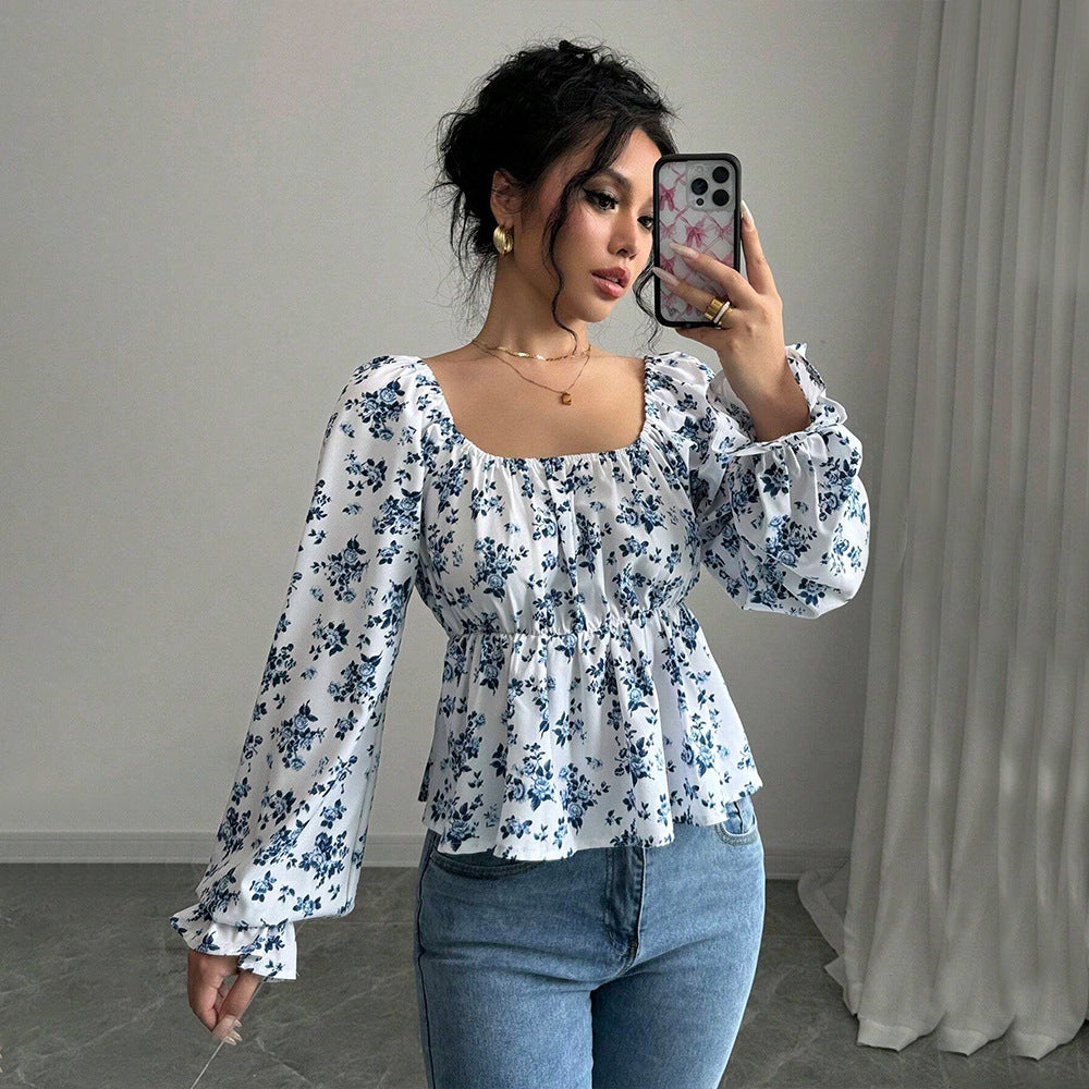 Damen geblümtes Carmen-Top mit geraffter Taillenlinie und Volant-Saum Nord Taschen