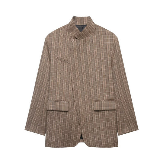 Damen Kurzblazer im Karo‑Muster mit Stehkragen, asymmetrischer Knopfleiste und Pattentaschen Nord Taschen