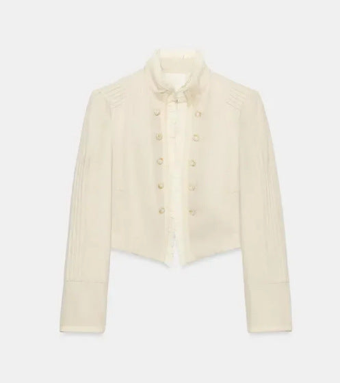 Damen Cropped Militärblouson mit Stehkragen, Zierknopfreihe und plissierten Ärmeln Nord Taschen