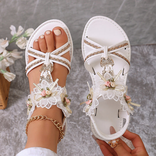 Damen Elegante Sandalen mit floralen Applikationen und verstellbarem Riemen