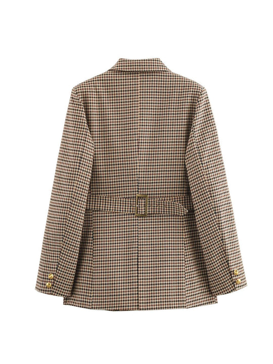 Damen karierten Blazer mit goldenen Knöpfen und praktischen Taschen Nord Taschen