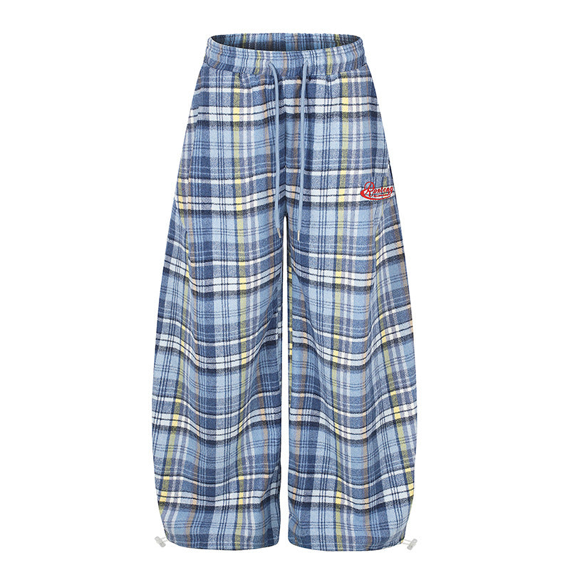 Damen Weite Karierte Palazzo-Loungehose mit hohem Komfortbund und Saumkordel Nord Taschen
