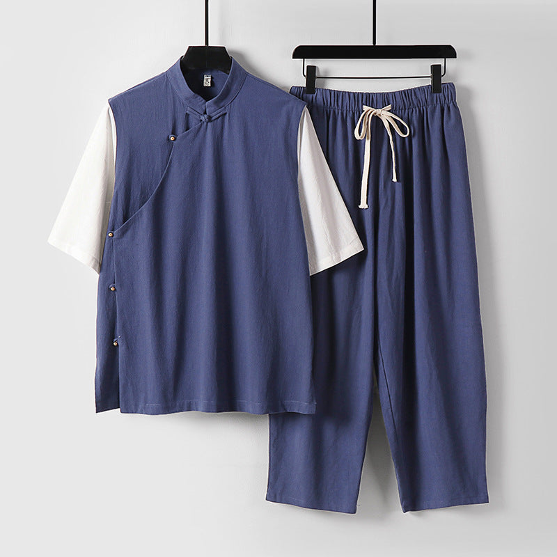 Herren Asymmetrisches Kimono-Loungewear-Set mit Stehkragen und Kordelhose Nord Taschen