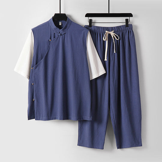 Herren Asymmetrisches Kimono-Loungewear-Set mit Stehkragen und Kordelhose Nord Taschen