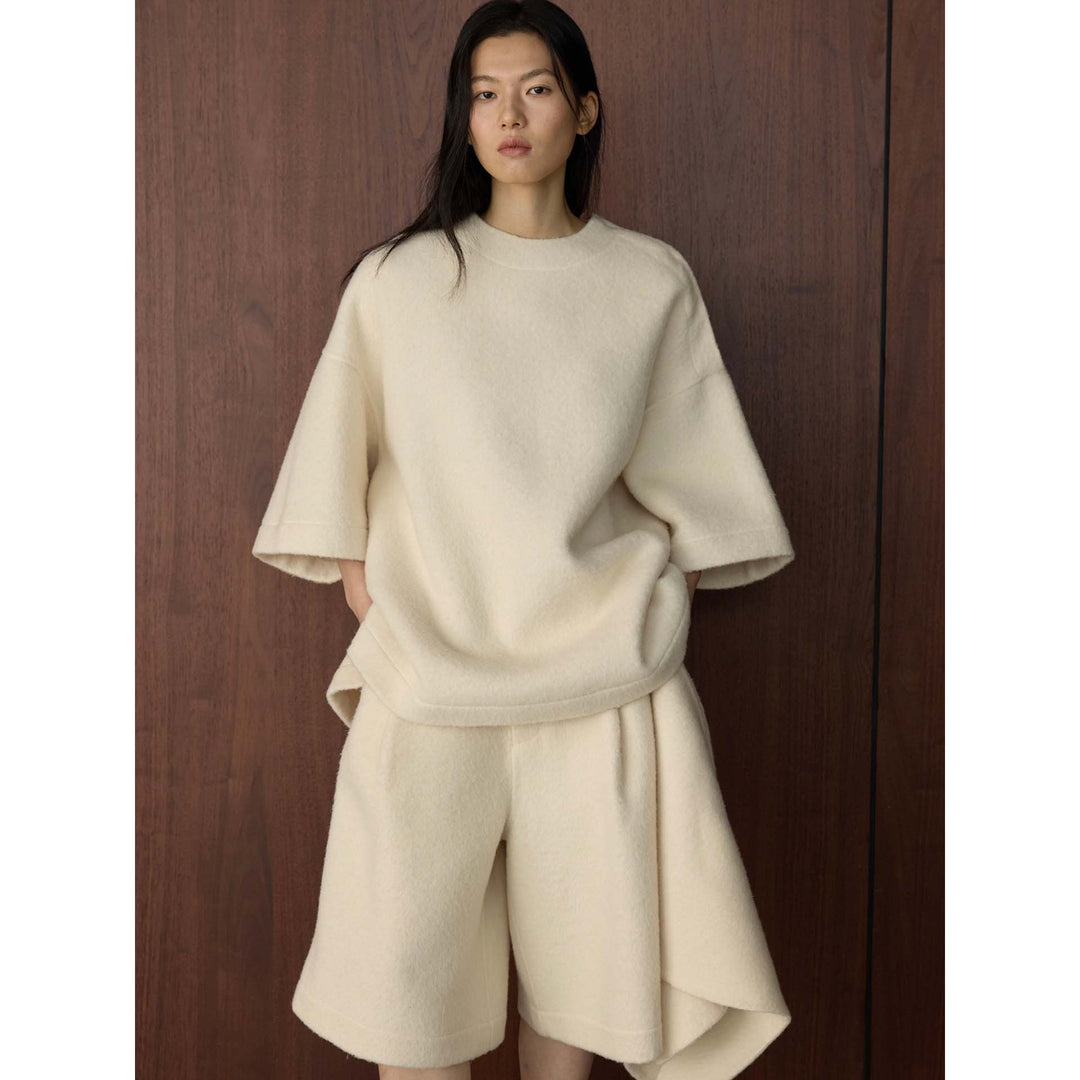 Damen Voluminöser Kapuzenmantel aus Bouclé-Wollmix mit drapiertem Vorderteil Nord Taschen