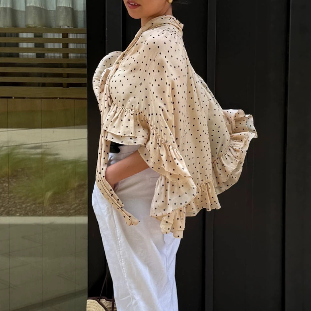 Damen transparente gepunktete Chiffon-Cropped-Bluse mit Krawattenband, Volants und Cape-Schnitt Nord Taschen