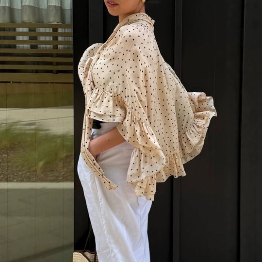 Damen transparente gepunktete Chiffon-Cropped-Bluse mit Krawattenband, Volants und Cape-Schnitt Nord Taschen