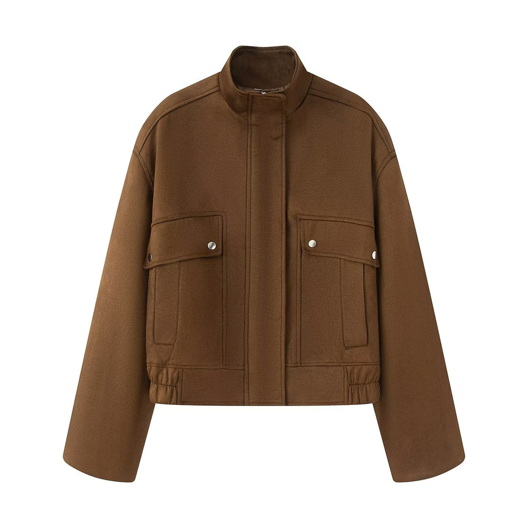 Damen Cropped Wollmix-Fieldjacke mit Stehkragen, verdecktem Verschluss und großen Pattentaschen Nord Taschen