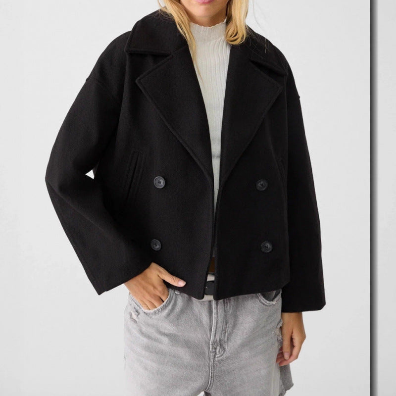 Damen Kurzer Zweireihiger Wollmix-Peacoat mit übergroßem Revers Nord Taschen