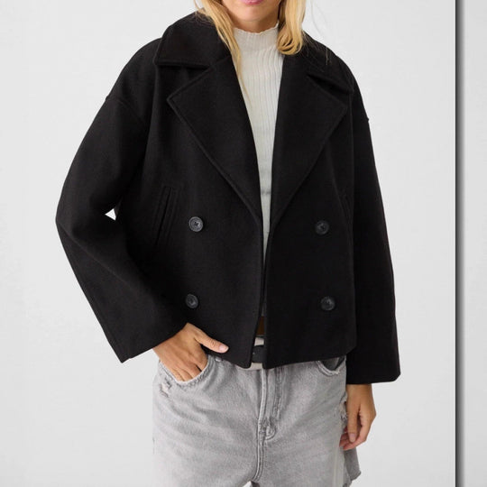 Damen Kurzer Zweireihiger Wollmix-Peacoat mit übergroßem Revers Nord Taschen