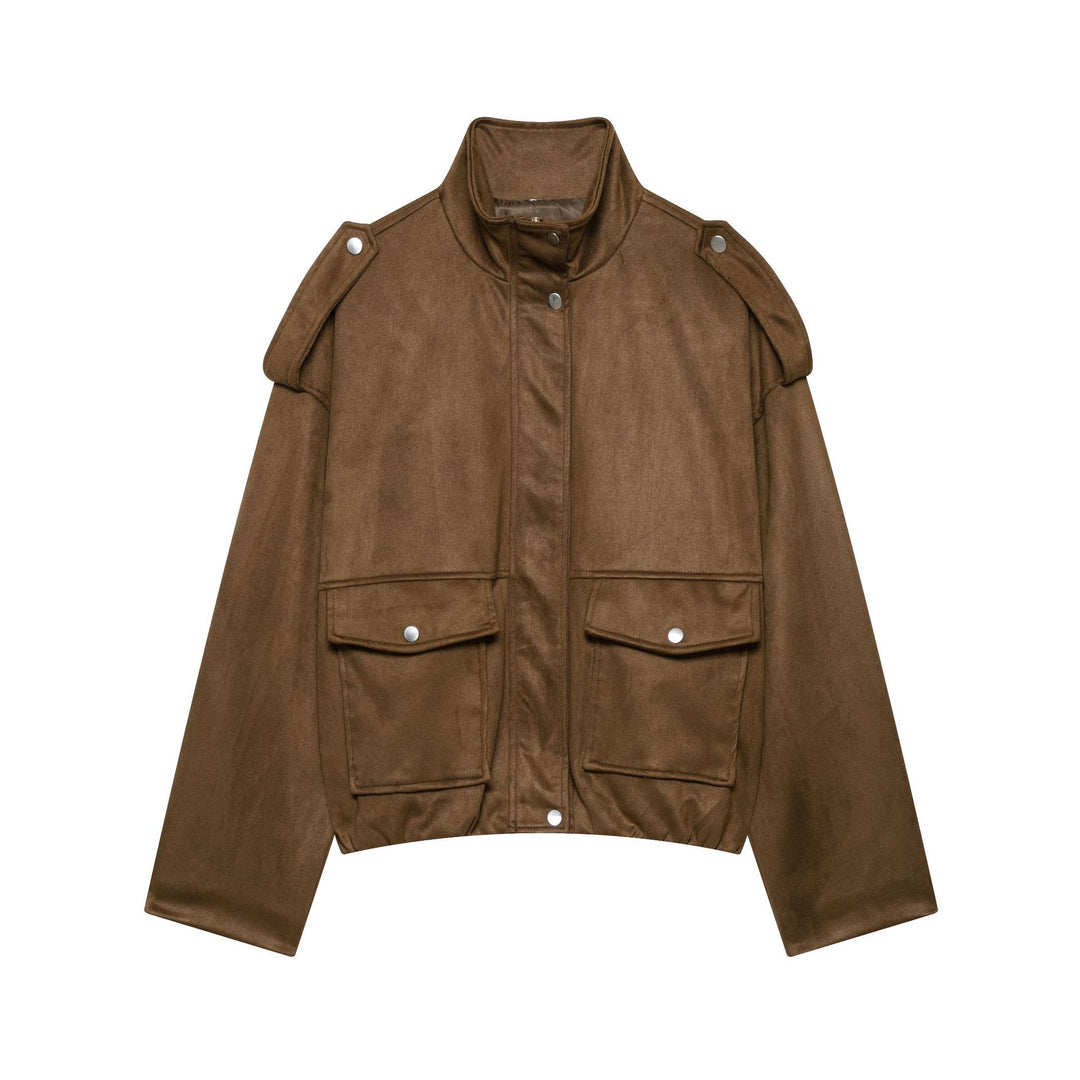 Damen Kurze Wildlederoptik-Fieldjacke mit Stehkragen, Pattentaschen und Schulterklappen Nord Taschen