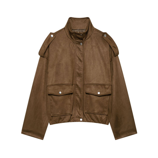 Damen Kurze Wildlederoptik-Fieldjacke mit Stehkragen, Pattentaschen und Schulterklappen Nord Taschen