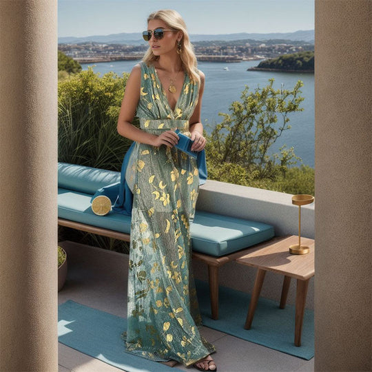 Damen Elegantes Maxi-Kleid mit filigranem Goldmuster und V-Ausschnitt
