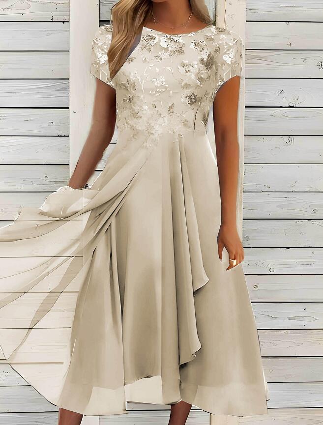 Damen nan fließendes Chiffon-Midikleid mit blumenbesticktem Oberteil und asymmetrischem Stufenrock - Vittorelli