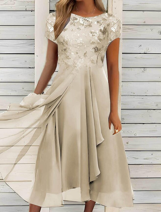Damen nan fließendes Chiffon-Midikleid mit blumenbesticktem Oberteil und asymmetrischem Stufenrock - Vittorelli
