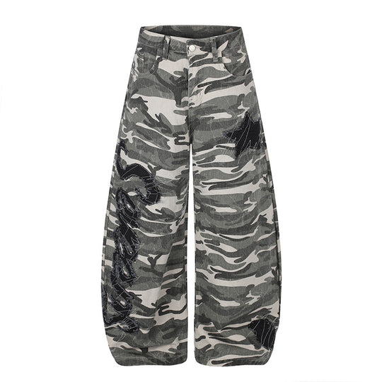 Damen Weite Camouflage‑Palazzo‑Hose mit Ballon‑Saum und dekorativen Stickdetails Nord Taschen