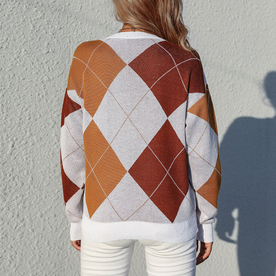 Damen Lockerer Argyle-Strickpullover im Oversize-Schnitt mit Rundhalsausschnitt und Rippbündchen Nord Taschen