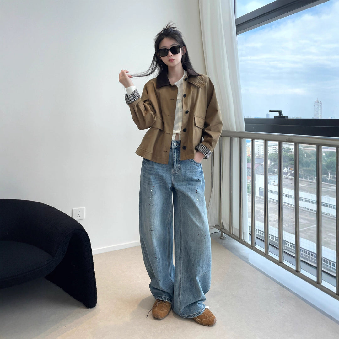 Damen Kurzjacke im Worker-Stil mit Cordkragen und aufgesetzten Pattentaschen Nord Taschen