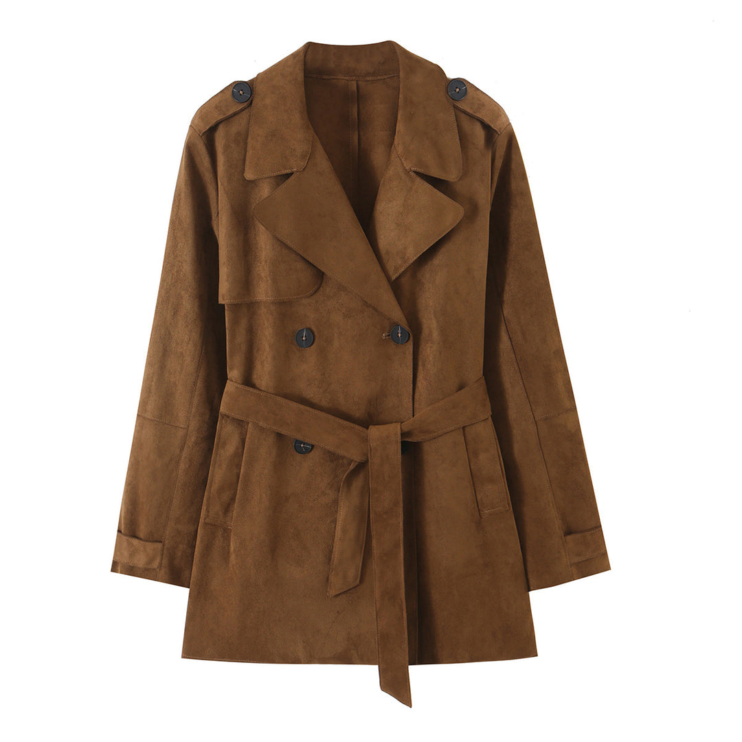 Damen Kurz-Trenchcoat aus Kunstwildleder mit Taillengürtel und doppelter Knopfleiste Nord Taschen
