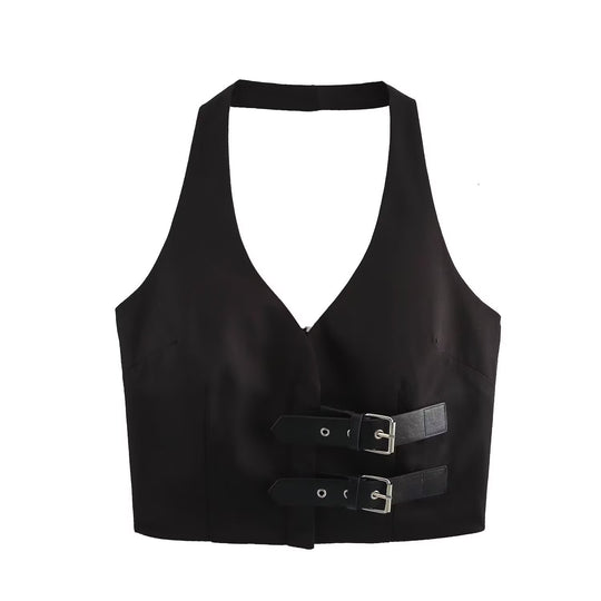 Damen Kurze Taillierte Weste mit tiefem V-Ausschnitt und Doppelgürtel-Detail Nord Taschen